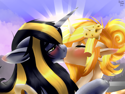 Size: 1600x1200 | Tagged: safe, artist:brainiac, oc, oc only, changeling, pony, unicorn, blushing, changeling oc, cheese, female, floppy ears, food, kissing, male, mare, shipping, stallion, yellow changeling