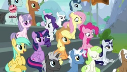 Size: 1920x1080 | Tagged: safe, screencap, applejack, dark moon, fluttershy, graphite, meadow song, minty green, miss hackney (g4), mochaccino, moonlight raven, neon lights, pinkie pie, pokey pierce, polo play, rare find, rarity, rising star, sunshower raindrops, twilight sparkle, alicorn, earth pony, pegasus, pony, unicorn, g4, the washouts (episode), audience, bleachers, female, filly, foal, las pegasus resident, male, mare, stallion, twilight sparkle (alicorn)