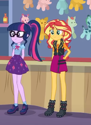 Size: 395x543 | Tagged: safe, screencap, sci-twi, sunset shimmer, twilight sparkle, equestria girls, equestria girls specials, g4, my little pony equestria girls: better together, my little pony equestria girls: rollercoaster of friendship, arm behind head, boots, clothes, geode of super speed, geode of telekinesis, glasses, hand on hip, jacket, magical geodes, ponytail, shoes, skirt, smiling