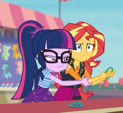 Size: 562x519 | Tagged: safe, screencap, sci-twi, sunset shimmer, twilight sparkle, equestria girls, equestria girls specials, g4, my little pony equestria girls: better together, my little pony equestria girls: rollercoaster of friendship, clothes, cropped, geode of empathy, geode of telekinesis, glasses, jacket, ponytail, skirt