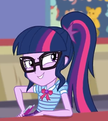 Size: 482x540 | Tagged: safe, screencap, sci-twi, twilight sparkle, equestria girls, equestria girls specials, g4, my little pony equestria girls: better together, my little pony equestria girls: rollercoaster of friendship, clothes, cropped, female, geode of telekinesis, glasses, ponytail, smiling, solo