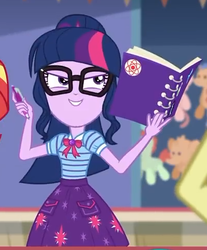 Size: 401x484 | Tagged: safe, screencap, sci-twi, sunset shimmer, twilight sparkle, equestria girls, equestria girls series, g4, rollercoaster of friendship, book, clothes, cropped, geode of telekinesis, glasses, offscreen character, ponytail