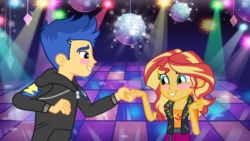 Size: 1136x640 | Tagged: safe, artist:3d4d, flash sentry, sunset shimmer, equestria girls, g4, my little pony equestria girls: better together, dancing, disco ball, female, geode of empathy, male, ship:flashimmer, shipping, straight