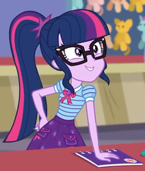 Size: 545x642 | Tagged: safe, screencap, sci-twi, twilight sparkle, equestria girls, equestria girls specials, g4, my little pony equestria girls: better together, my little pony equestria girls: rollercoaster of friendship, adorkable, book, clothes, cropped, cute, dork, female, geode of telekinesis, glasses, ponytail, skirt, smiling, solo, twiabetes