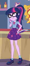 Size: 284x613 | Tagged: safe, screencap, sci-twi, sunset shimmer, twilight sparkle, equestria girls, equestria girls specials, g4, my little pony equestria girls: better together, my little pony equestria girls: rollercoaster of friendship, book, clothes, cropped, female, geode of telekinesis, glasses, offscreen character, ponytail, shoes, skirt, smiling, solo