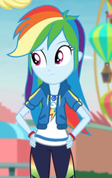 Size: 413x657 | Tagged: safe, screencap, rainbow dash, equestria girls, equestria girls specials, g4, my little pony equestria girls: better together, my little pony equestria girls: rollercoaster of friendship, clothes, cropped, female, geode of super speed, hands on waist, hoodie, magical geodes, pants