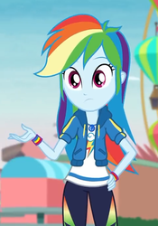 Size: 478x682 | Tagged: safe, screencap, rainbow dash, equestria girls, equestria girls specials, g4, my little pony equestria girls: better together, my little pony equestria girls: rollercoaster of friendship, clothes, cropped, female, geode of super speed, hand on hip, hoodie, magical geodes, pants