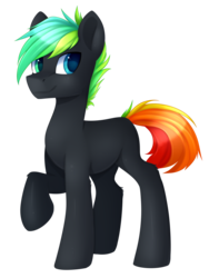 Size: 2726x3631 | Tagged: safe, artist:scarlet-spectrum, oc, oc only, oc:glitch, earth pony, pony, black coat, commission, digital art, heterochromia, high res, male, multicolored hair, multicolored mane, multicolored tail, simple background, smiling, solo, stallion, transparent background