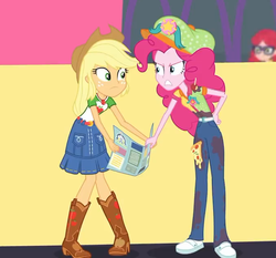 Size: 676x630 | Tagged: safe, screencap, applejack, pinkie pie, equestria girls, equestria girls specials, g4, my little pony equestria girls: better together, my little pony equestria girls: rollercoaster of friendship, background human, belt, boots, clothes, cowboy boots, cowboy hat, denim skirt, female, freckles, fun inspector, fun inspector pinkie, geode of super strength, hat, high heel boots, map, messy, pants, shoes, skirt, stetson