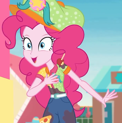 Size: 713x720 | Tagged: safe, screencap, pinkie pie, equestria girls, equestria girls specials, g4, my little pony equestria girls: better together, my little pony equestria girls: rollercoaster of friendship, clothes, cropped, female, fun inspector, fun inspector pinkie, hat, messy