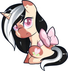 Size: 1584x1648 | Tagged: safe, artist:xwhitedreamsx, oc, oc only, oc:silver fox, pony, unicorn, bow, chibi, commission, digital art, female, frown, looking at you, mare, prone, simple background, sitting, solo, transparent background, ych result