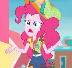 Size: 764x720 | Tagged: safe, screencap, pinkie pie, equestria girls, equestria girls specials, g4, my little pony equestria girls: better together, my little pony equestria girls: rollercoaster of friendship, clothes, cropped, female, fun inspector, fun inspector pinkie, hat, messy