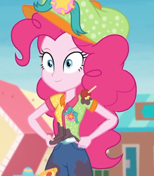 Size: 630x720 | Tagged: safe, screencap, pinkie pie, equestria girls, equestria girls series, g4, rollercoaster of friendship, clothes, cropped, female, fun inspector, fun inspector pinkie, hat, messy, smiling