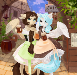 Size: 3027x2925 | Tagged: safe, artist:zlatavector, oc, oc only, pegasus, anthro, alcohol, anthro oc, beer, clothes, commission, digital art, dress, duo, female, high res, mare, ych result