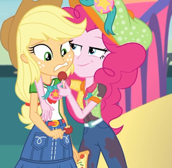 Size: 734x720 | Tagged: safe, screencap, applejack, pinkie pie, equestria girls, equestria girls specials, g4, my little pony equestria girls: better together, my little pony equestria girls: rollercoaster of friendship, belt, candy, clothes, context is for the weak, cowboy hat, cropped, denim skirt, female, food, freckles, fun inspector, fun inspector pinkie, hair tie, hat, lollipop, messy, pants, pizza, shirt, skirt, stetson
