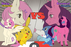 Size: 3000x2000 | Tagged: safe, artist:utek, oc, oc only, oc:beta, oc:caravel, pegasus, pikachu, pony, popplio, unicorn, commission, digital art, duo, female, fight, freckles, high res, looking at each other, mare, pokémon, pokémon red and blue, pokémon sun and moon, smiling, ych result, zoom layer