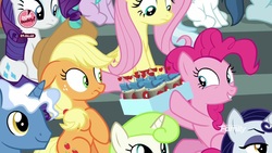 Size: 1920x1080 | Tagged: safe, screencap, applejack, minty green, moonlight raven, pinkie pie, pokey pierce, rarity, earth pony, pegasus, pony, unicorn, g4, the washouts (episode), "scootaloo's super-difficult stunt" special cupcakes, bake it like buddy, cowboy hat, discovery family logo, duo focus, eyeshadow, female, freckles, hair tie, hat, horn, looking down, makeup, male, mare, sitting, smiling, stallion, stetson, wings