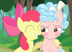 Size: 1936x1400 | Tagged: safe, artist:squipycheetah, apple bloom, cozy glow, earth pony, pegasus, pony, g4, marks for effort, adorabloom, animated, blushing, bow, cozy glow's true goal, cozybetes, cute, eyes closed, female, filly, freckles, gif, grin, hair bow, happy, hug, lesbian, looking away, nervous, nervous smile, plotting, raised hoof, scheming, ship:cozybloom, shipping, sitting, smiling, smirk