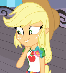 Size: 645x720 | Tagged: safe, screencap, applejack, equestria girls, equestria girls specials, g4, my little pony equestria girls: better together, my little pony equestria girls: rollercoaster of friendship, arm behind head, clothes, cowboy hat, female, fun inspector, geode of super strength, hat, smiling