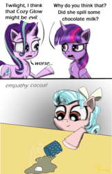 Size: 1500x2308 | Tagged: safe, artist:chopsticks, cozy glow, starlight glimmer, twilight sparkle, alicorn, pegasus, pony, unicorn, g4, bow, chocolate, cozybetes, creepy, cute, dialogue, empathy cocoa, female, filly, food, hair bow, hot chocolate, marshmallow, mean, meme, moral event horizon, out of context, pure concentrated unfiltered evil of the utmost potency, pure unfiltered evil, spilled milk, the truth, troublemaker, twilight sparkle (alicorn)
