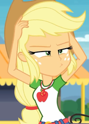 Size: 521x720 | Tagged: safe, screencap, applejack, equestria girls, equestria girls series, g4, rollercoaster of friendship, clothes, cowboy hat, cropped, female, freckles, geode of super strength, hair tie, hands on head, hat, magical geodes, pouting, realistic anatomy, shirt, skirt, solo, squint, stetson