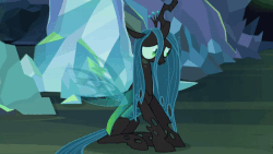 Size: 800x450 | Tagged: safe, edit, edited screencap, screencap, ocellus, queen chrysalis, changeling, changeling queen, g4, season 8, what lies beneath, adorkable, animated, awkward, blinking, cropped, cute, cutealis, diaocelles, disguise, disguised changeling, dork, dorkalis, female, frown, gif, implied chrysalis, implied smolder, insecure, loop, mare, nervous, nightmare cave, offscreen character, queen chrysellus, raised hoof, shy, silly, silly pony, sitting, solo, spread wings, surprised, wings