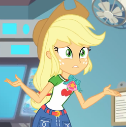 Size: 714x720 | Tagged: safe, screencap, applejack, equestria girls, equestria girls specials, g4, my little pony equestria girls: better together, my little pony equestria girls: rollercoaster of friendship, belt, clothes, cowboy hat, denim skirt, female, freckles, fun inspector, geode of super strength, hat, skirt, stetson