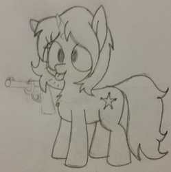 Size: 629x631 | Tagged: safe, artist:wafflecakes, oc, oc only, oc:dust runner, pony, unicorn, :p, delet this, female, gun, mare, silly, sketch, solo, tongue out, traditional art, weapon