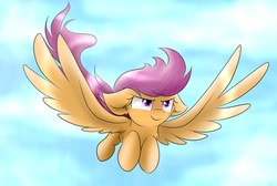 Size: 1024x689 | Tagged: safe, artist:enviaart, scootaloo, pegasus, pony, g4, cloud, ear fluff, female, floppy ears, flying, large wings, mare, older, scootaloo can fly, smiling, solo, wings