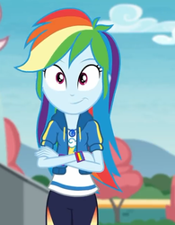 Size: 491x630 | Tagged: safe, screencap, rainbow dash, equestria girls, equestria girls specials, g4, my little pony equestria girls: better together, my little pony equestria girls: rollercoaster of friendship, clothes, cropped, crossed arms, female, geode of super speed, hoodie, leggings, magical geodes, pants, shirt, smiling, solo, sweater, teenager, wristband