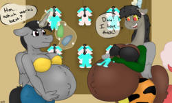 Size: 1280x768 | Tagged: safe, artist:theimmortalwolf, oc, oc:luis, oc:shawn, oc:shawnette, draconequus, anthro, baby clothes, belly, big belly, breasts, draconequus oc, pregnant, rule 63
