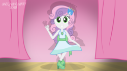 Size: 3999x2249 | Tagged: safe, artist:metalhead97, sweetie belle, equestria girls, g4, make new friends but keep discord, season 5, clothes, curtains, curtsey, cute, diasweetes, dress, female, flower, flower in hair, gala dress, high heels, high res, outfit, shadow, shoes, show accurate, smiling, stage, waving