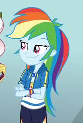 Size: 429x630 | Tagged: safe, screencap, rainbow dash, vignette valencia, equestria girls, g4, my little pony equestria girls: better together, clothes, crossed arms, female, geode of super speed, hoodie, magical geodes, offscreen character, pants, smiling, smirk