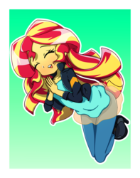 Size: 1500x1900 | Tagged: safe, artist:rockset, sunset shimmer, equestria girls, g4, blushing, boots, clothes, cute, eyes closed, female, happy, jacket, jumping, leather jacket, open mouth, pants, shirt, shoes, smiling, solo