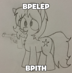 Size: 600x602 | Tagged: safe, artist:wafflecakes, edit, oc, oc only, oc:dust runner, pony, unicorn, :p, caption, cute, delet this, female, gun, handgun, image macro, meme, meme edit, revolver, silly, sketch, solo, tongue out, weapon