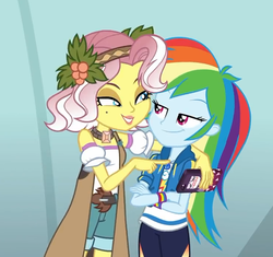 Size: 737x692 | Tagged: safe, screencap, rainbow dash, vignette valencia, equestria girls, equestria girls specials, g4, my little pony equestria girls: better together, my little pony equestria girls: rollercoaster of friendship, bedroom eyes, cellphone, clothes, cropped, crossed arms, female, geode of super speed, hoodie, lipstick, magical geodes, pants, phone, smartphone, smiling, smirk