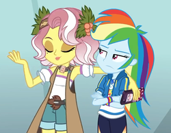 Size: 813x630 | Tagged: safe, screencap, rainbow dash, vignette valencia, equestria girls, equestria girls specials, g4, my little pony equestria girls: better together, my little pony equestria girls: rollercoaster of friendship, clothes, cropped, crossed arms, eyes closed, female, geode of super speed, hoodie, lipstick, magical geodes, pants, shorts