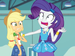 Size: 960x720 | Tagged: safe, edit, edited screencap, screencap, applejack, rarity, equestria girls, equestria girls specials, g4, my little pony equestria girls: better together, my little pony equestria girls: rollercoaster of friendship, belt, clothes, cowboy hat, cropped, denim skirt, female, freakout, freckles, geode of shielding, geode of super strength, hat, rarity peplum dress, skirt, stetson