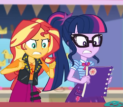 Size: 668x582 | Tagged: safe, screencap, sci-twi, sunset shimmer, twilight sparkle, equestria girls, equestria girls specials, g4, my little pony equestria girls: better together, my little pony equestria girls: rollercoaster of friendship, angry, book, clothes, cropped, female, geode of empathy, geode of telekinesis, glasses, jacket, leather jacket, ponytail, skirt