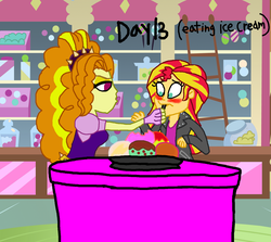 Size: 1572x1404 | Tagged: safe, artist:ktd1993, adagio dazzle, sunset shimmer, equestria girls, g4, 30 day otp challenge, blushing, feeding, female, food, ice cream, lesbian, ship:sunsagio, shipping