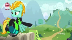 Size: 1920x1080 | Tagged: safe, screencap, lightning dust, pegasus, pony, g4, the washouts (episode), clothes, female, flying, helmet, hill, mare, path, uniform, washouts uniform