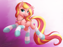 Size: 1024x768 | Tagged: safe, artist:novaintellus, oc, oc only, pony, unicorn, abstract background, clothes, female, jewelry, looking at you, mare, necklace, smiling, socks, solo, striped socks