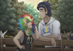 Size: 4960x3507 | Tagged: safe, artist:monnarcha, rainbow dash, soarin', human, g4, clothes, female, fence, humanized, looking at each other, male, ship:soarindash, shipping, smiling, straight, tree