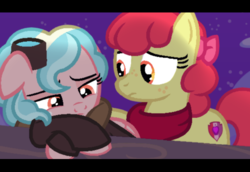 Size: 557x384 | Tagged: safe, artist:thefanficfanpony, apple bloom, cozy glow, earth pony, pegasus, pony, g4, a better ending for cozy, cutie mark, fake screencap, female, goggles, lesbian, letterboxing, older, older cozy glow, scene interpretation, ship:cozybloom, shipping, the cmc's cutie marks