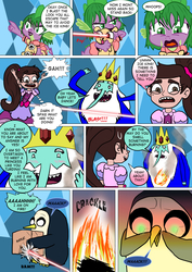 Size: 800x1133 | Tagged: safe, artist:imbriaart, spike, bird, dog, dragon, penguin, comic:magic princess war, g4, adventure time, comic, crossdressing, crossover, disguise, fire, gunter (adventure time), ice king, male, marco diaz, star vs the forces of evil