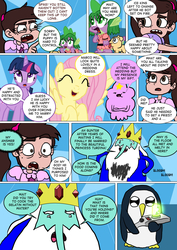 Size: 800x1133 | Tagged: safe, artist:imbriaart, fluttershy, spike, twilight sparkle, alicorn, bird, dog, dragon, pegasus, penguin, pony, comic:magic princess war, g4, adventure time, comic, crossdressing, crossover, disguise, gunter (adventure time), ice king, lumpy space princess, male, marco diaz, star vs the forces of evil, twilight sparkle (alicorn)