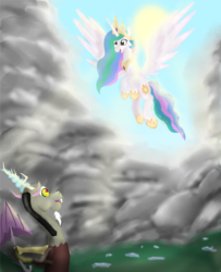 Size: 4824x5936 | Tagged: safe, artist:mr100dragon100, discord, princess celestia, alicorn, draconequus, pony, g4, absurd resolution, cloud, cloudy, duo, duo male and female, female, flying, looking at each other, looking at someone, male, mare, open mouth, open smile, ship:dislestia, shipping, smiling, smiling at each other, spread wings, straight, sunlight, wings
