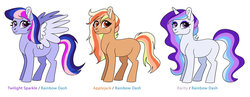 Size: 1024x399 | Tagged: safe, artist:cascayd, oc, earth pony, pegasus, pony, unicorn, adoptable, female, for sale, magical lesbian spawn, offspring, parent:applejack, parent:rainbow dash, parent:rarity, parent:twilight sparkle, parents:appledash, parents:raridash, parents:twidash, simple background, white background