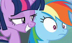Size: 886x535 | Tagged: safe, edit, edited screencap, screencap, rainbow dash, twilight sparkle, alicorn, pony, g4, the washouts (episode), duo, grin, out of context, smiling, twilight sparkle (alicorn)