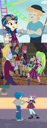 Size: 636x1707 | Tagged: safe, screencap, drama letter, gold rush (g4), indigo zap, lemon zest, lemonade blues, melon mint, sunny flare, suri polomare, thunderbass, watermelody, human, equestria girls, equestria girls series, g4, my little pony equestria girls: friendship games, rollercoaster of friendship, background human, clothes, cropped, crystal prep academy uniform, dancing, end credits, female, goggles, humans standing next to each other, male, pants, pleated skirt, right there in front of me, roller coaster, school uniform, ship:goldzap, shipping, shipping fuel, shoes, skirt, sneakers, socks, spoiler, straight, that face, the club can't even handle me right now, thunderflare, zestblue